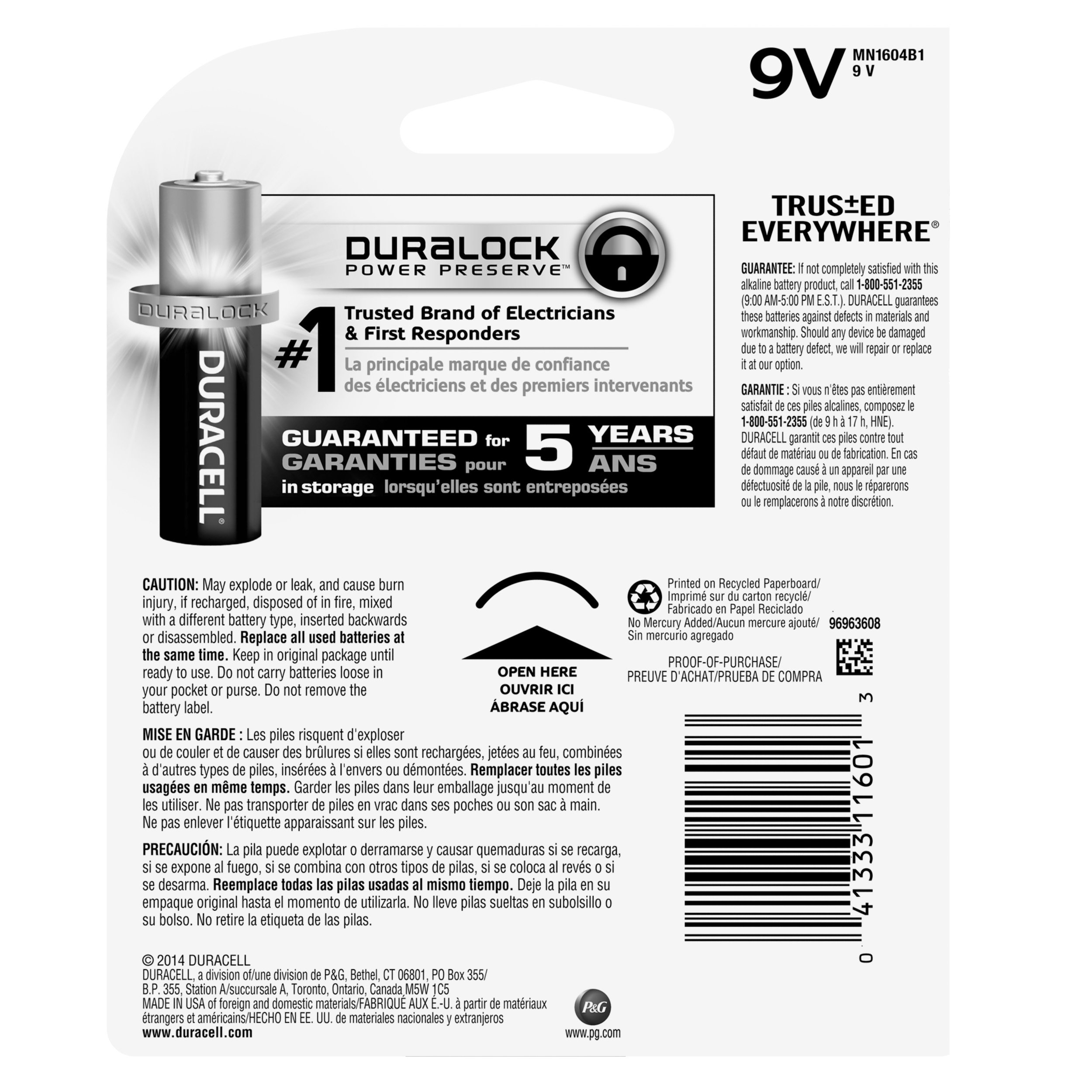 DURACELL Alkaline 9V Battery, 1 Count
