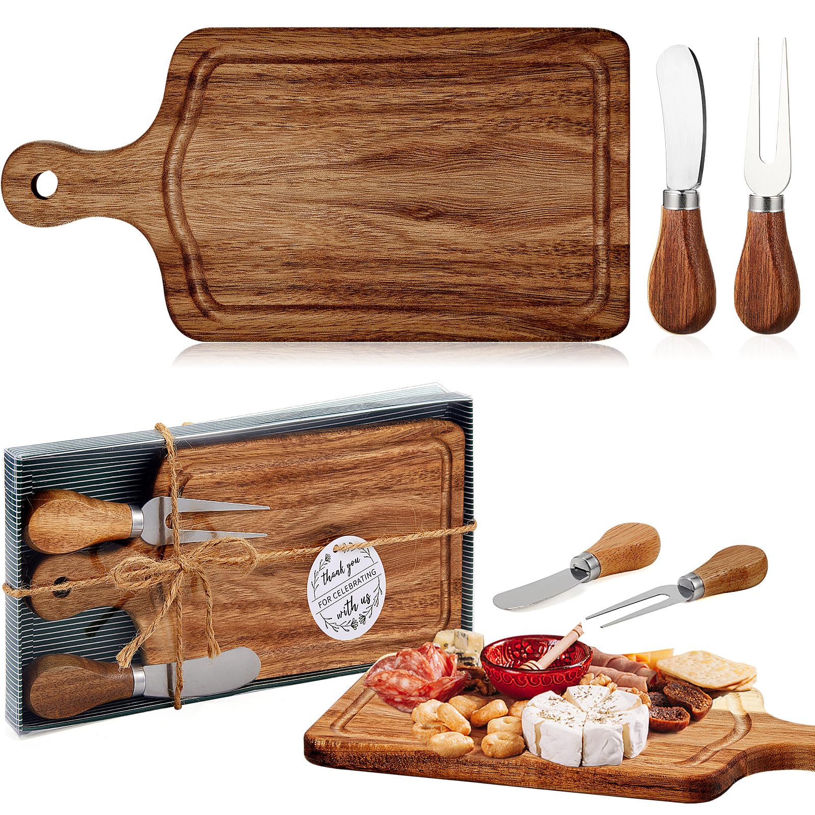 Photo 1 of Ziliny 1 Set Bridal Baby Shower Cheese Prizes Wooden Square Board Gift Set Knives Forks Thank You Tags with Box for Guests for Valentines Bridal Baby Shower Housewarming Gifts (Acacia Color)
