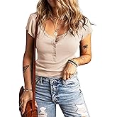 HERILIOS Women's Short Sleeves Snap Button Down Blouses Stretchy Waffle Knit Basic Crew Neck Henley Shirts