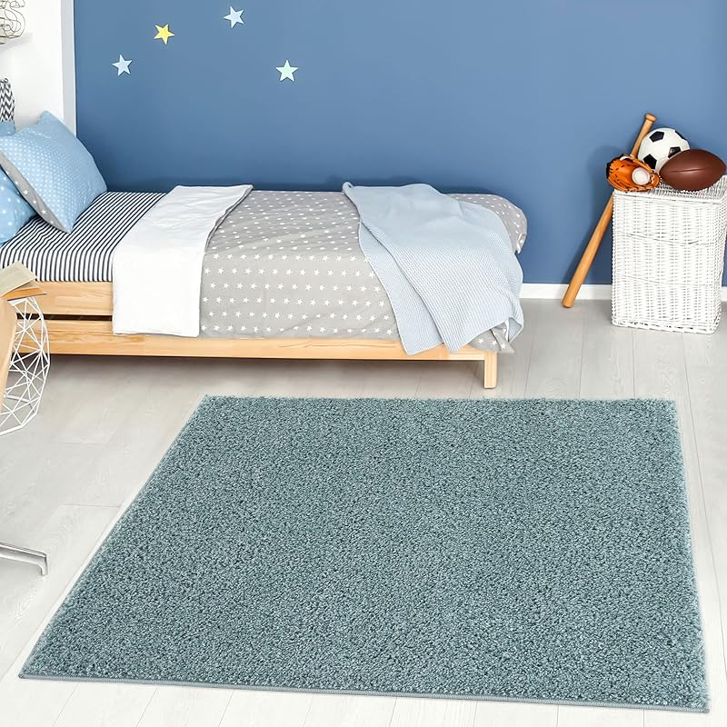 THE RUGS Living Room Rug 120x120 cm Duckegg Blue Shaggy 30 mm Thick