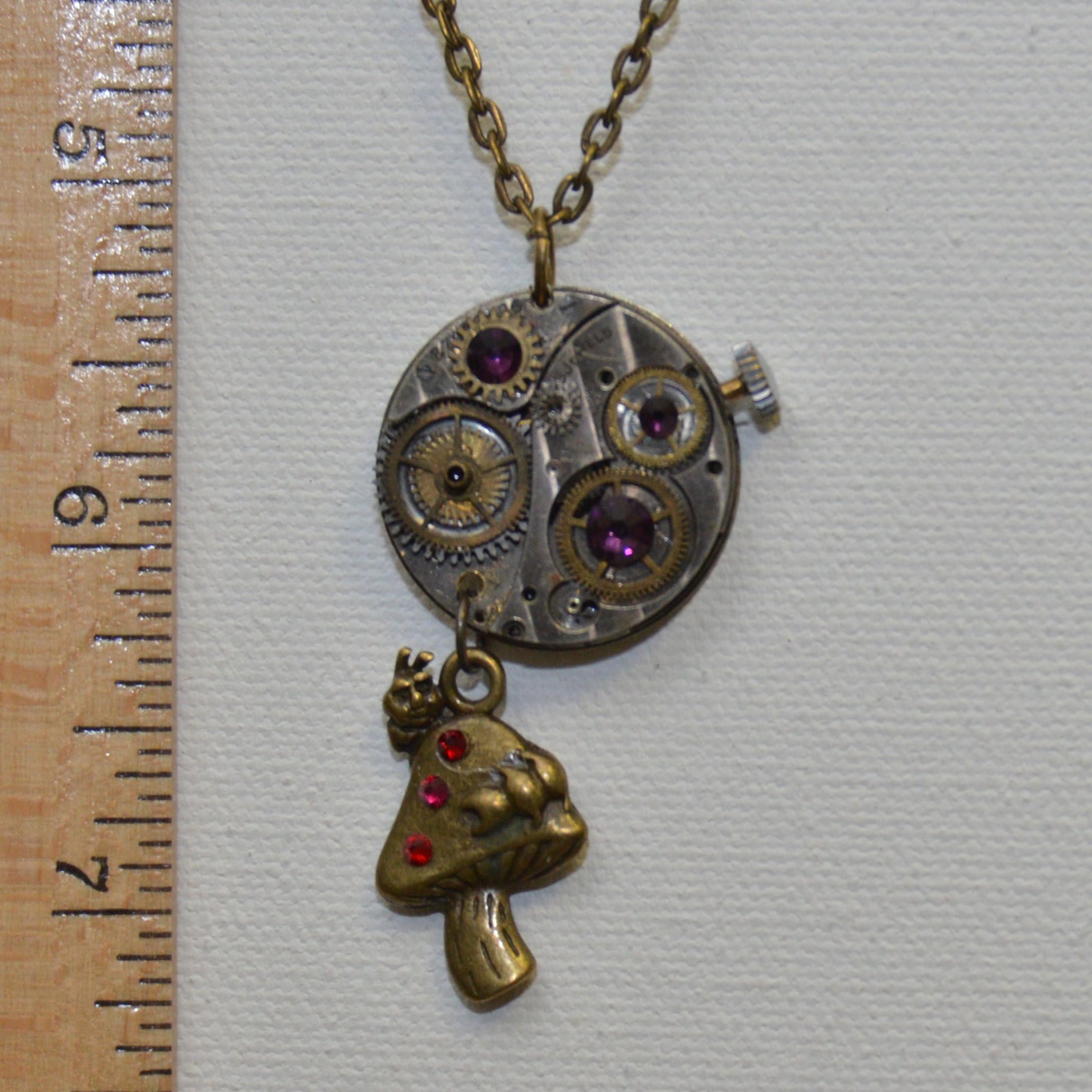 Steampunk Mushroom Watch Necklace (Ruby & Sapphire)