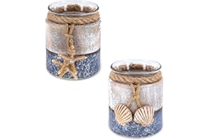 CoTa Global Silver Sea Starfish and Seashell Candle Holders, 2 Pcs Set - Nautical Table Top Center Piece Coastal Decor for Home, Beach House, Decorative Lanterns with Ropes - Handmade Color May Vary