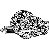 Pfaltzgraff Midnight Blooms 12 Piece Floral Stoneware Dinnerware Plate Bowl Dish Set, Service for 4, Black