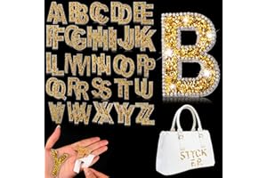 Yinder Glitter Resin Rhinestone Alphabet Letter Stickers Crystal Rhinestone Iron on Letter Self Adhesive A-Z Glitter Stickers for Art Clothing DIY Works(Gold, 52 Pieces)