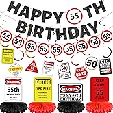 55th Birthday Decorations Party Supplies - 14 Pcs Caution Logos Banners Hanging Swirls Honeycomb Centerpieces Decoration for Men Women Funny 55 Years Old Red Black Yellow Signs Happy Birthday Decor