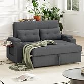 MALOL 65'' Convertible Futon Sofa Bed, 3-in-1 Pull Out Couch, Dark Grey | Fabric Loveseat Sleeper Sofa with Adjustable Backrest, Pillows, USB Port, Cup Holder, Foldable Table for Apartment Bedroom
