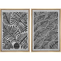 SIGNWIN Framed Wall Art Print Set Bundle of Black Ferns Gray Background Botanical Floral Digital Art Modern Art Mid-Century Modern Dramatic Dark for Living Room, Bedroom, Office - 16