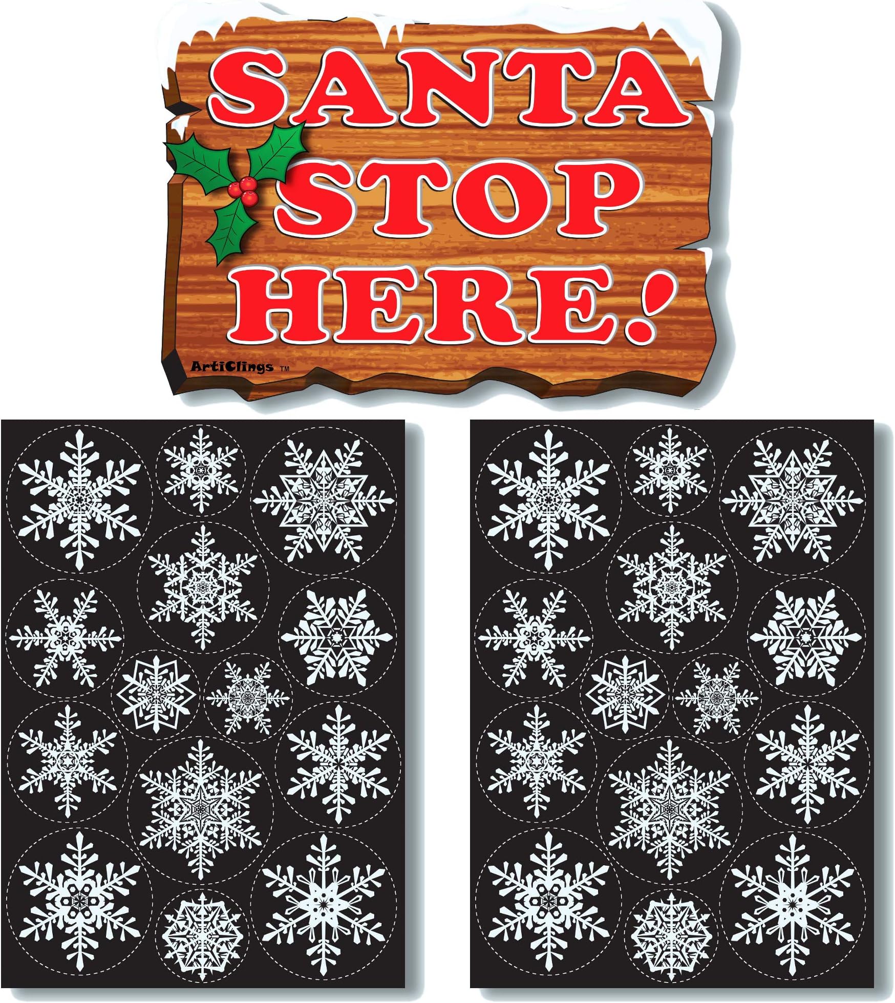 Santa Stop Here Window Cling Sign with 28 Elegant Snowflake Window Stickers - Quick & Simple Christmas Decorations - Glueless Vinyl Stickers