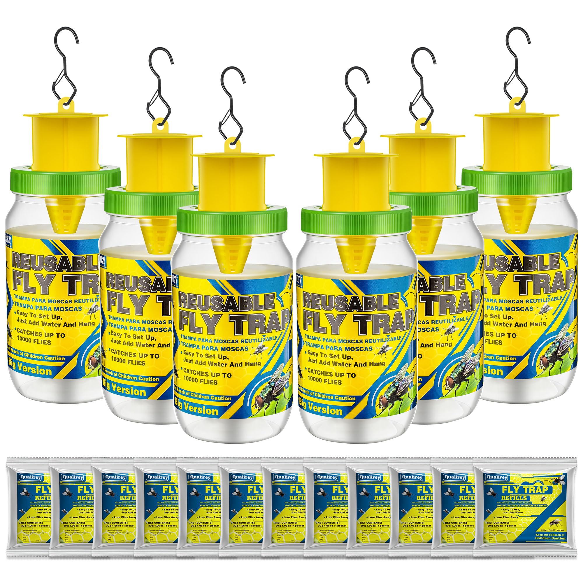 Photo 1 of Qualirey 6 Pack Fly Traps Outdoor, Reusable Hanging Fly Catchers Killer Traps with Natural Bait Refill and Tie Included for Farms, Pastures, Chicken Coops, Stables, Barns, Garbage, Backyard, Patio