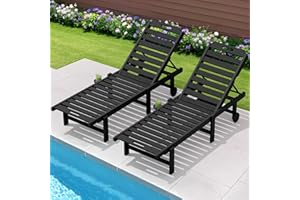 SERWALL Patio Lounge Chair Set of 2, HDPE Outdoor Lounger with Cup Holder, 5 Positions Adjustable Pool Lounger with Rolling Wheels for Poolside, Black