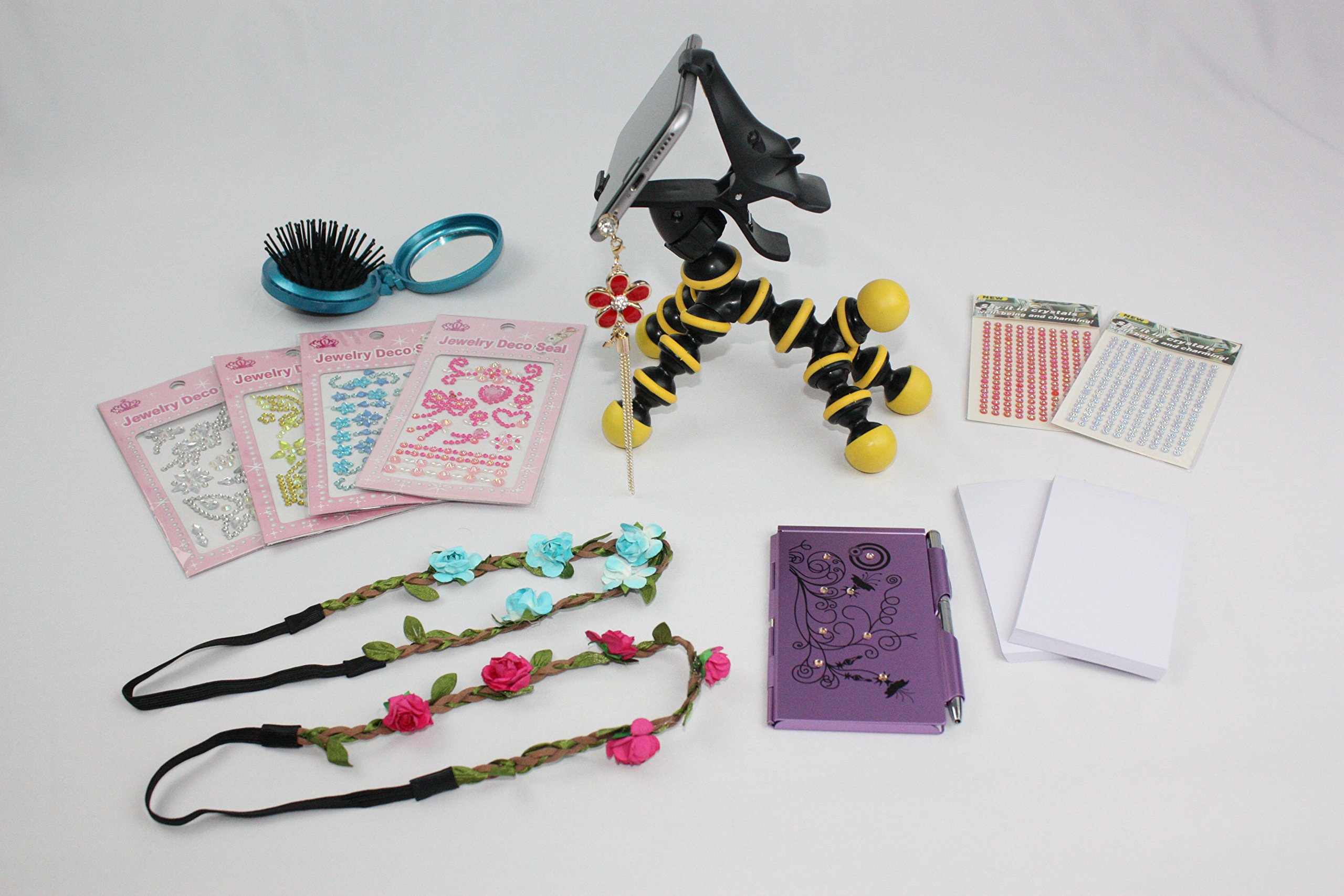 Horse Cell Phone Stand (Black/Yellow), Flower Phone Charm, Designer Flip Note pad & Refills, Compact Hairbrush, Flower Headbands, & Decorative Crystal Stickers - 14 Item Bundle