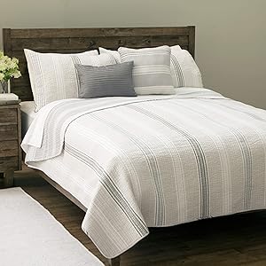 Design Studio Sanibel Island 5-Piece Cotton Quilt Set With Shams, Striped Pattern, Modern,Comfort and Warmth, Full/Queen, Gray/White