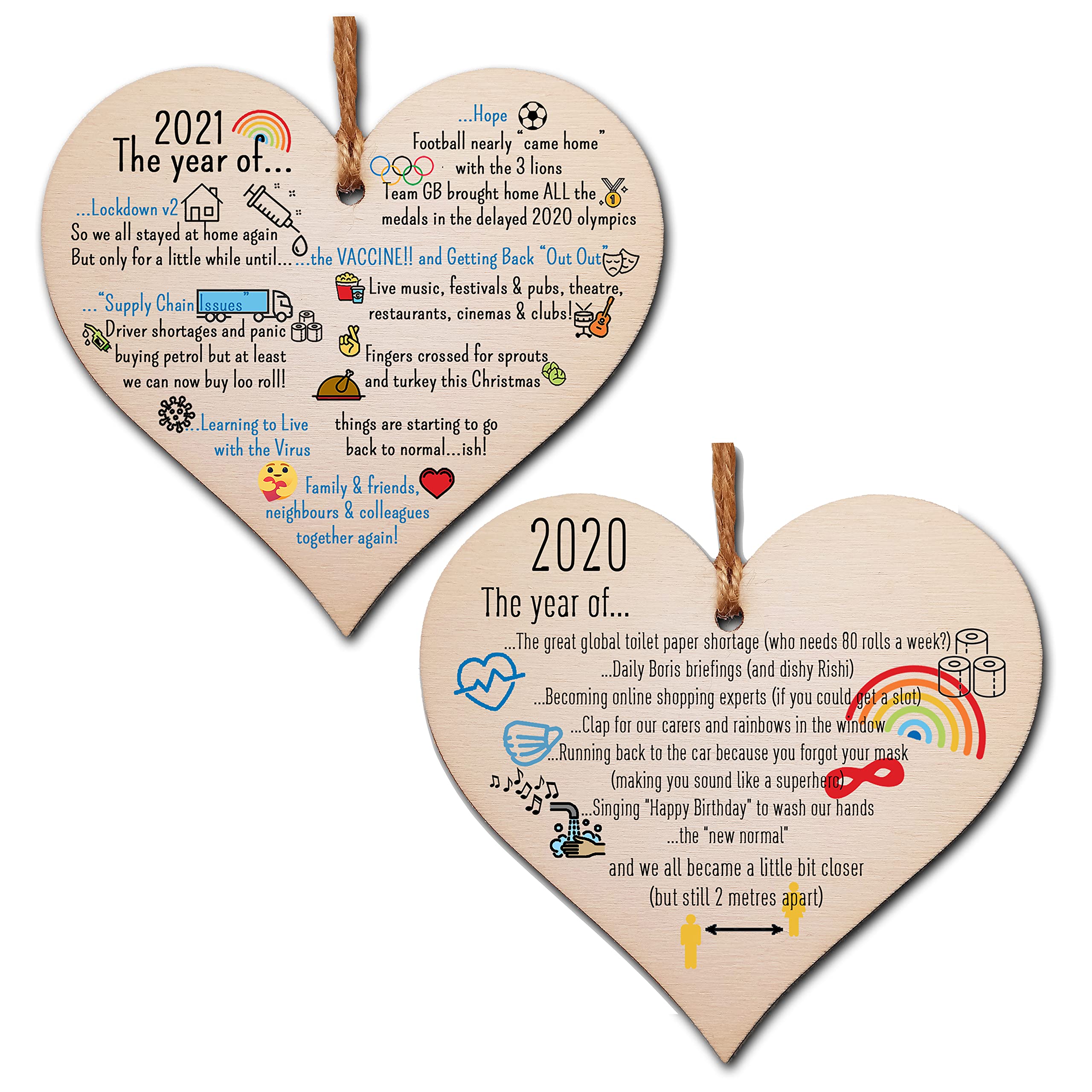 The Plum Penguin Pack of 2 Handmade Wooden Hanging Heart Plaques 2020 2021 Year of Hope Lockdown Funny Celebration Wall Hanger Keepsake Decoration for Family Friends