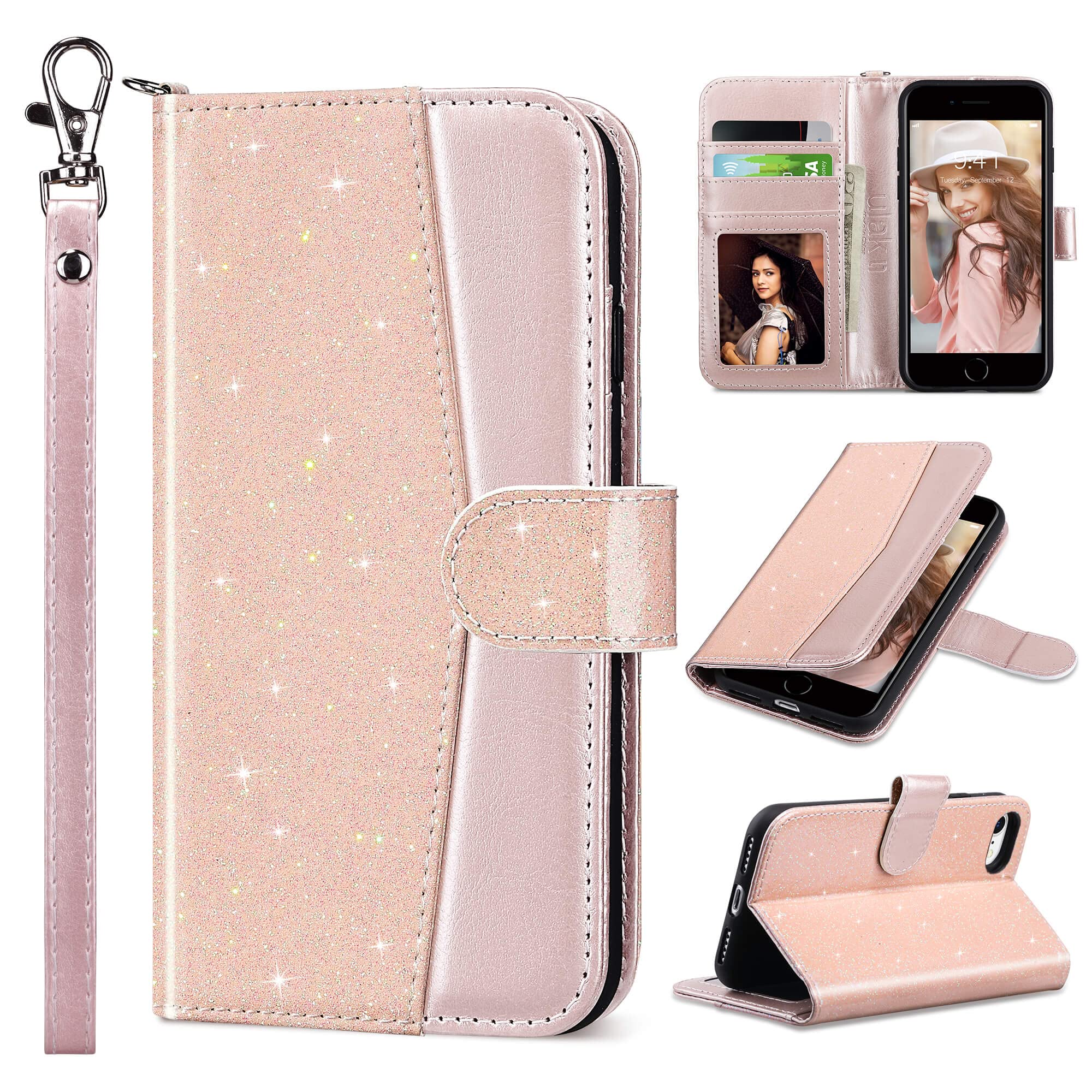 ULAK Wallet Case for iPhone SE Case 2022/2020/iPhone 8 / iPhone 7 with Card Holder Kickstand, PU Leather Folio Flip Cover for iPhone 7/8/SE 2nd/3rd Gen 4.7 inch, Pink Glitter