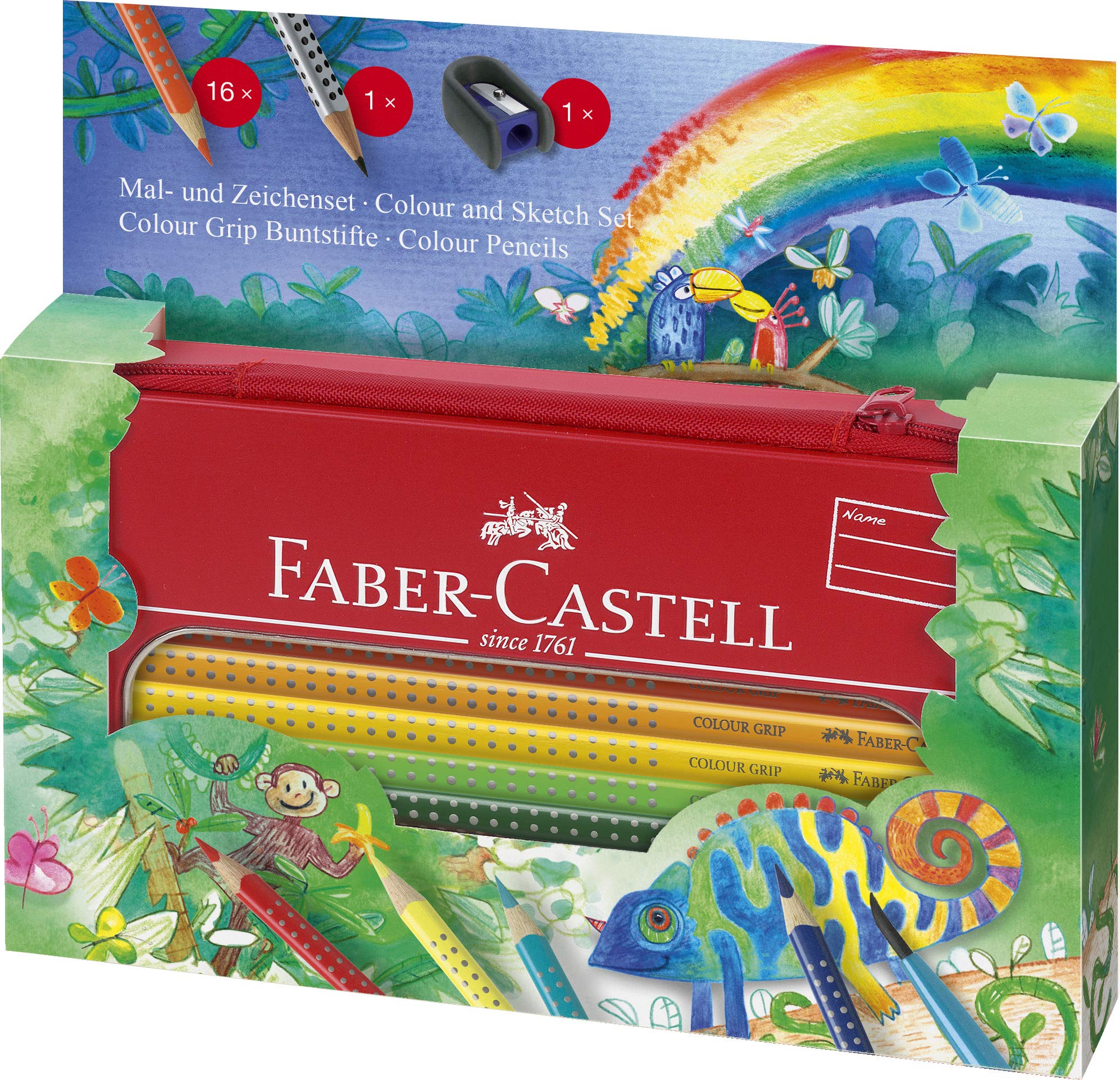 Faber-Castell 112452 - Colour Grip Jungle Colouring and Drawing Set 18 Pieces in Metal Case