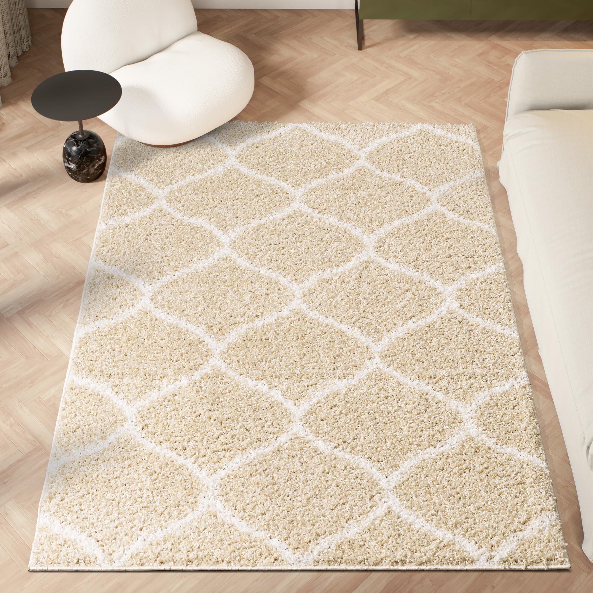 homeart Area Rug - Super Soft Geometric Shaggy Rugs For The Living Rooms, Bedrooms And Kitchen - Modern, Easy To Clean Carpet(Trellis Beige Ivory - 60x110 cm)