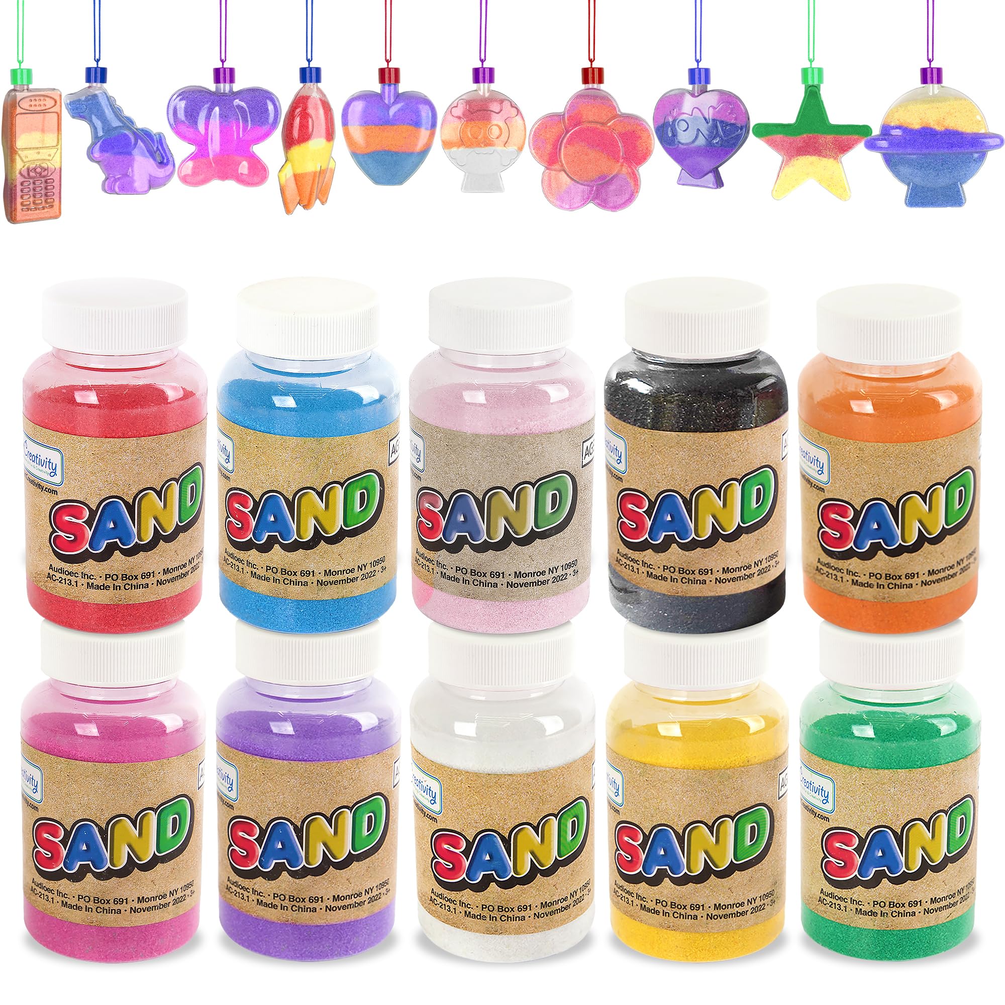 Photo 1 of ArtCreativity Colored Sand Art Kits for Kids 40-Pack, Play Sand Set, 10 Assorted Colors, 8 oz. Each, 24 Sand Art Bottle Necklaces, and 6 Funnels Bulk Sand Art Project, Kids Party Crafts for Boys Girls