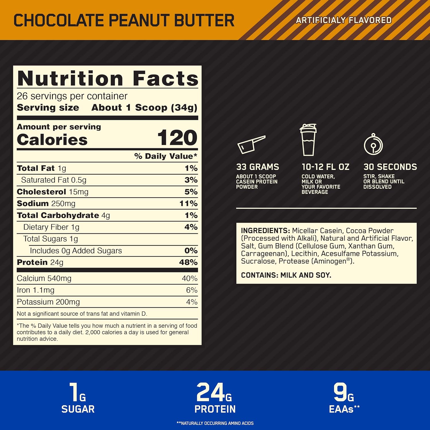 Optimum Nutrition Gold Standard 100% Micellar Casein Protein Powder, Slow Digesting, Helps Keep You Full, Overnight Muscle Recovery, Chocolate Peanut Butter, 2 Pound (Packaging May Vary): Health & Personal Care