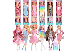 ebuddy 6 Pack 11.5-Inch Doll Collection - 6 Fashionistas with Complete Stylish Outfits & Accessories + Pink Gift Case