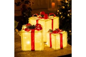 TISEJOY Christmas Lighted Gift Boxes 3 Pack,Pre-lit 60 LED Light Up Present Boxes Christmas Outdoor Decorations for Indoor Porch Patio Yard Tree Holiday Party（Warm White）