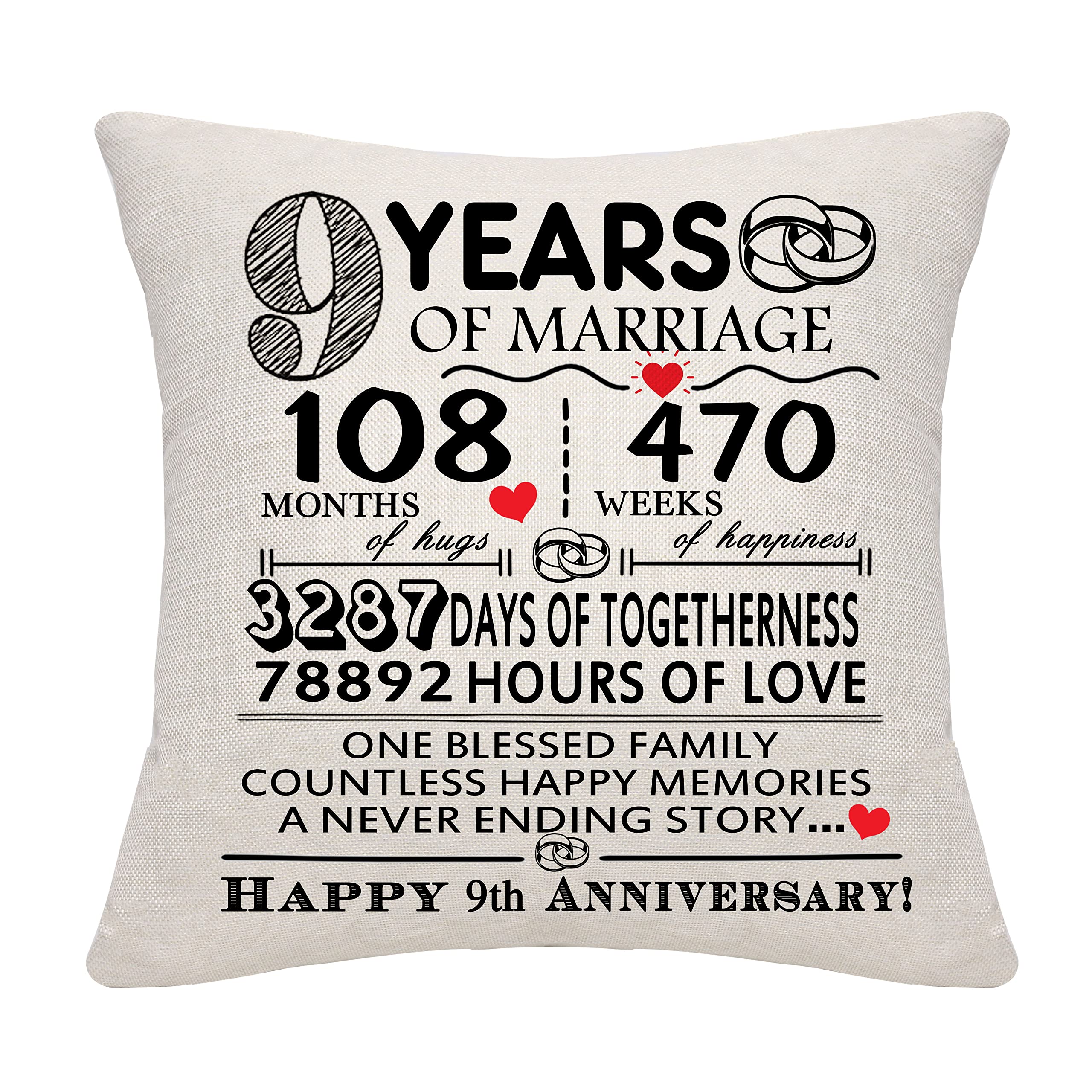 Bommex 9 Years of Marriage Gift 9th Wedding Anniversary Cushion Cover Keepsake Decoration Gift for Couples Parents Women Men Mum Dad Husband Wife Grandma Grandad Aunt Uncle Friends (9 YEARS) โ image 1