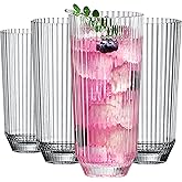 Khen Plastic Acrylic Ribbed Drinking Glasses – Set of 4 Clear 11.8oz Tritan Tumblers, European Style Shatterproof Drinkware – Durable, BPA-Free, Dishwasher Safe, Stackable & Unbreakable Plastic Cups