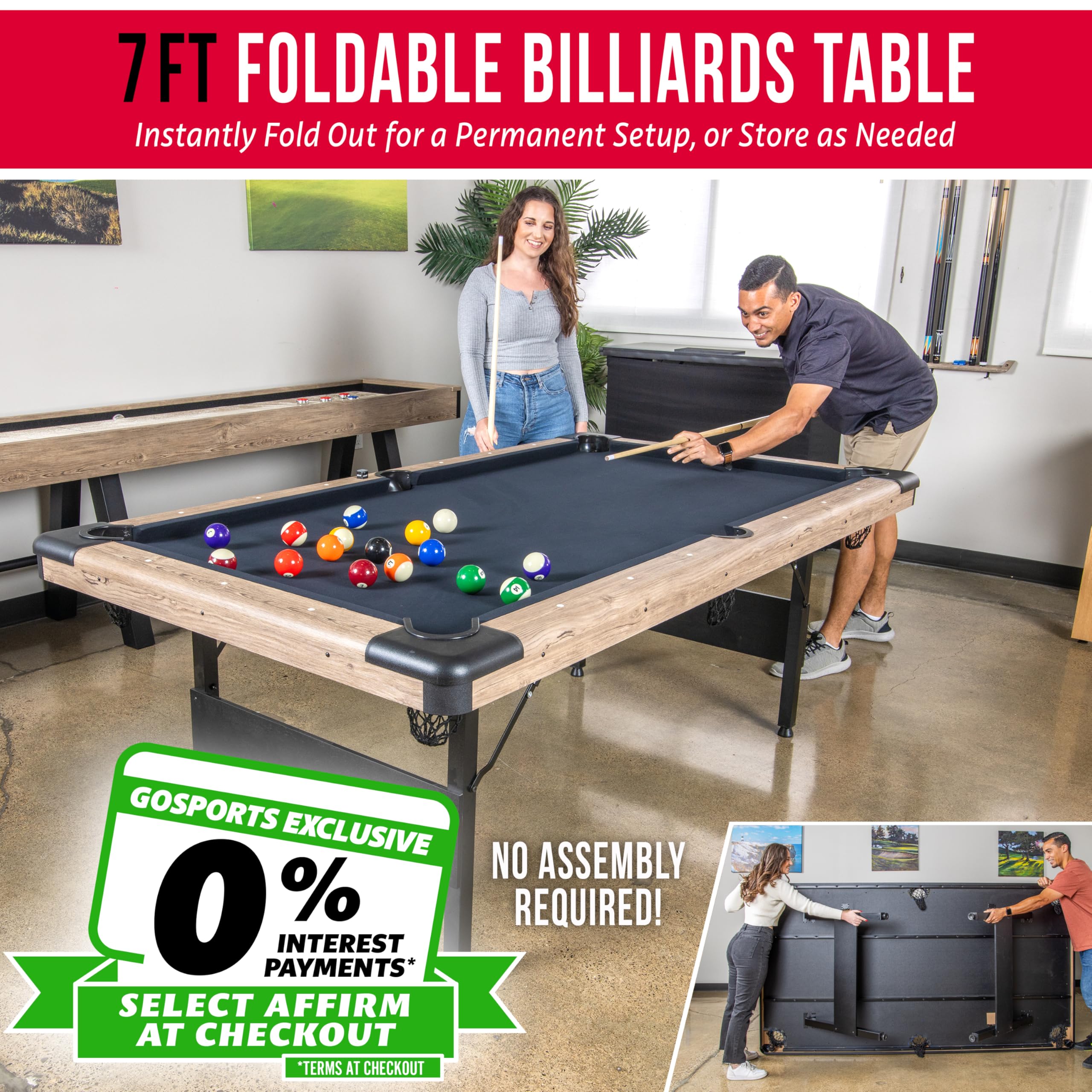 GoSports 6, 7, or 8 ft Billiards Tables - No Assembly, Choose Your Color - Portable Pool Table Includes Full Set of Balls, 2 Cue Sticks, Chalk and Felt Brush