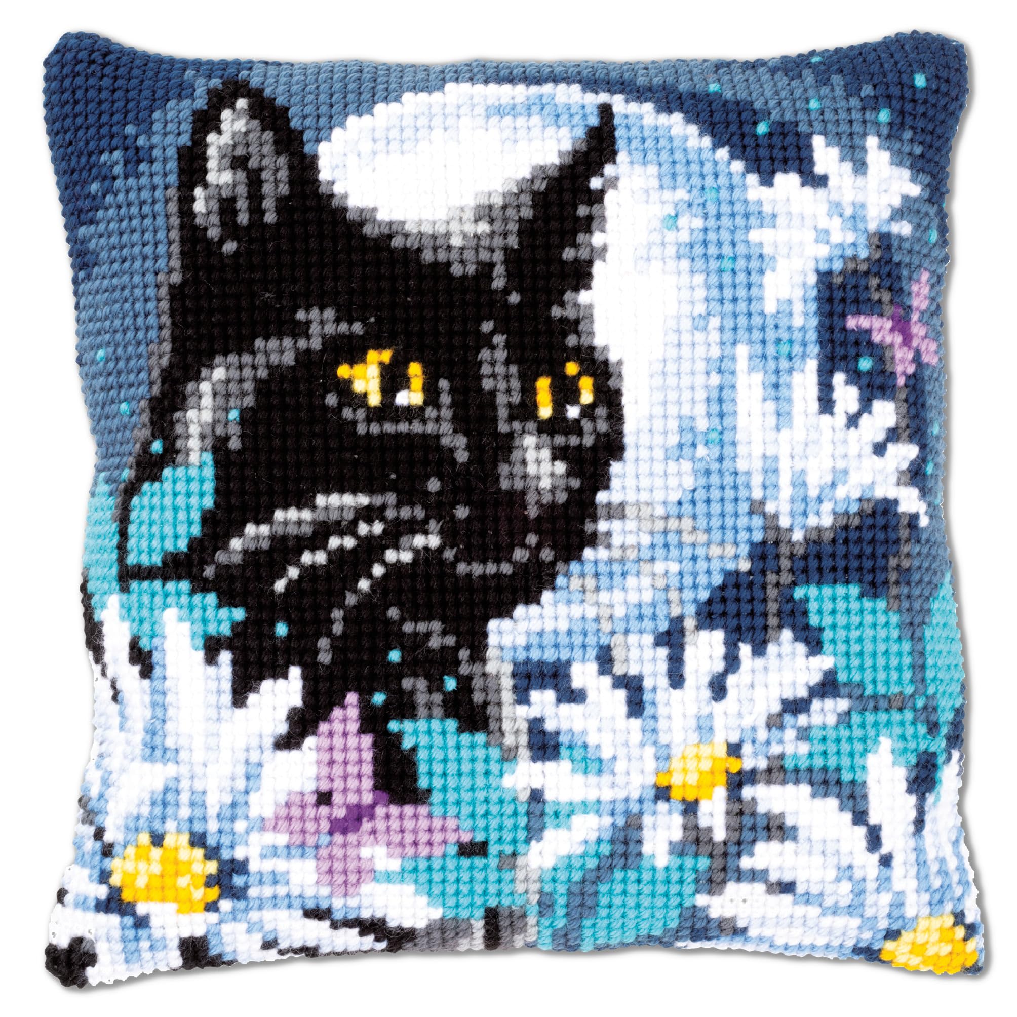 Vervaco Cross Stitch Embroidery Kits Cushion Embroidery Set Beginners Pre-Printed Cat at Night DIY Set Creative Set for Adults 40 x 40 cm Craft Kit Craftsman Home Decoration