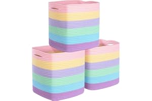 MINTWOOD Design 3-Pack 11x11 Inch Cube Storage Bin, Woven Storage Cube Organizer, Closet Organizer, Cute Square Storage Bins, Decorative Classroom Bathroom Pantry and Shelf Baskets, Pastel Rainbow