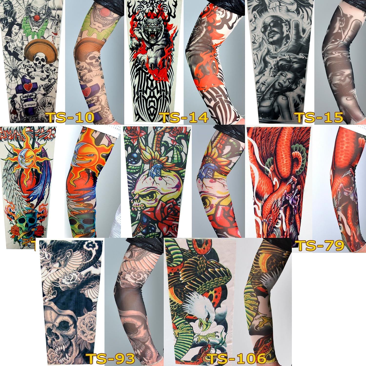 8 x AKORD Stretch Nylon Fake Tattoo Sleeves/Arms, Fancy Dress, Eagle/Tiger/Skull/Nun/Clown/Woman Tattoo, Selection 2