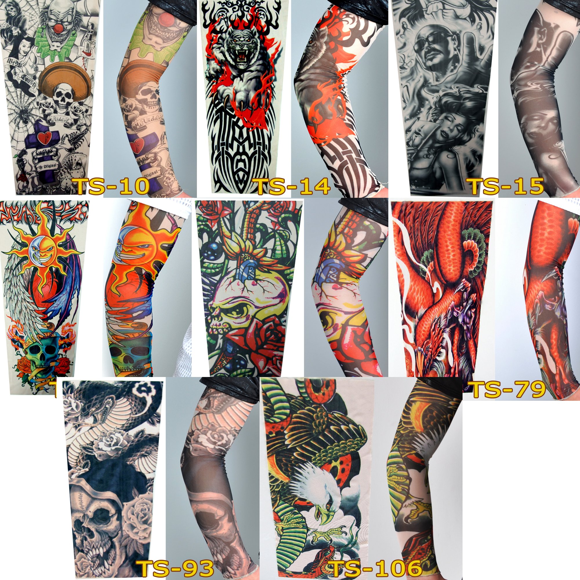 8 x AKORD Stretch Nylon Fake Tattoo Sleeves/Arms - Fancy Dress, Eagle/Tiger/Skull/Nun/Clown/Woman Tattoo