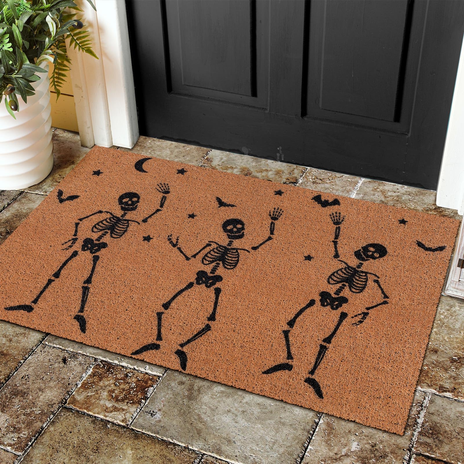 Photo 1 of Hahafelt Halloween Door Mat Halloween Dancing Skeleton Welcome Doormat Outdoor 17 x 29 Inch Imitation Coir Rug for Front Door Porch Entryway Outside Entrance Decoration