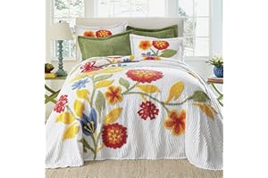 BrylaneHome Bedding Oversized Cotton Bloom Chenille Bedspread Floral Bedding Colorful Flowers - King, Red Multi