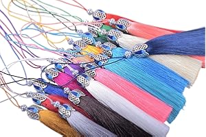 KONMAY 10PCS 8.5cm(3.4'') Craft Tassels with Hollowed Antique Silver Caps and Hanging Loops for Jewelry Making, Crafts Designs, Decorations (Mixed Randomly)