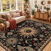 meejou Vacuum-Friendly, 5x7 Washable Area Rug, Black Gold Beige Red | Sun and Moon Boho Gothic Non-Slip Low Pile Living Roon Bedroom Dining Room Kitchen Entry Entryway Entrance Hallway Doormat