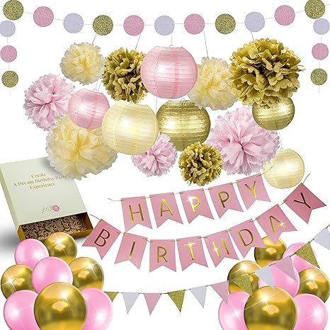 31 Pcs Of Pink Gold And Cream Birthday Party Decoration Set Pompom