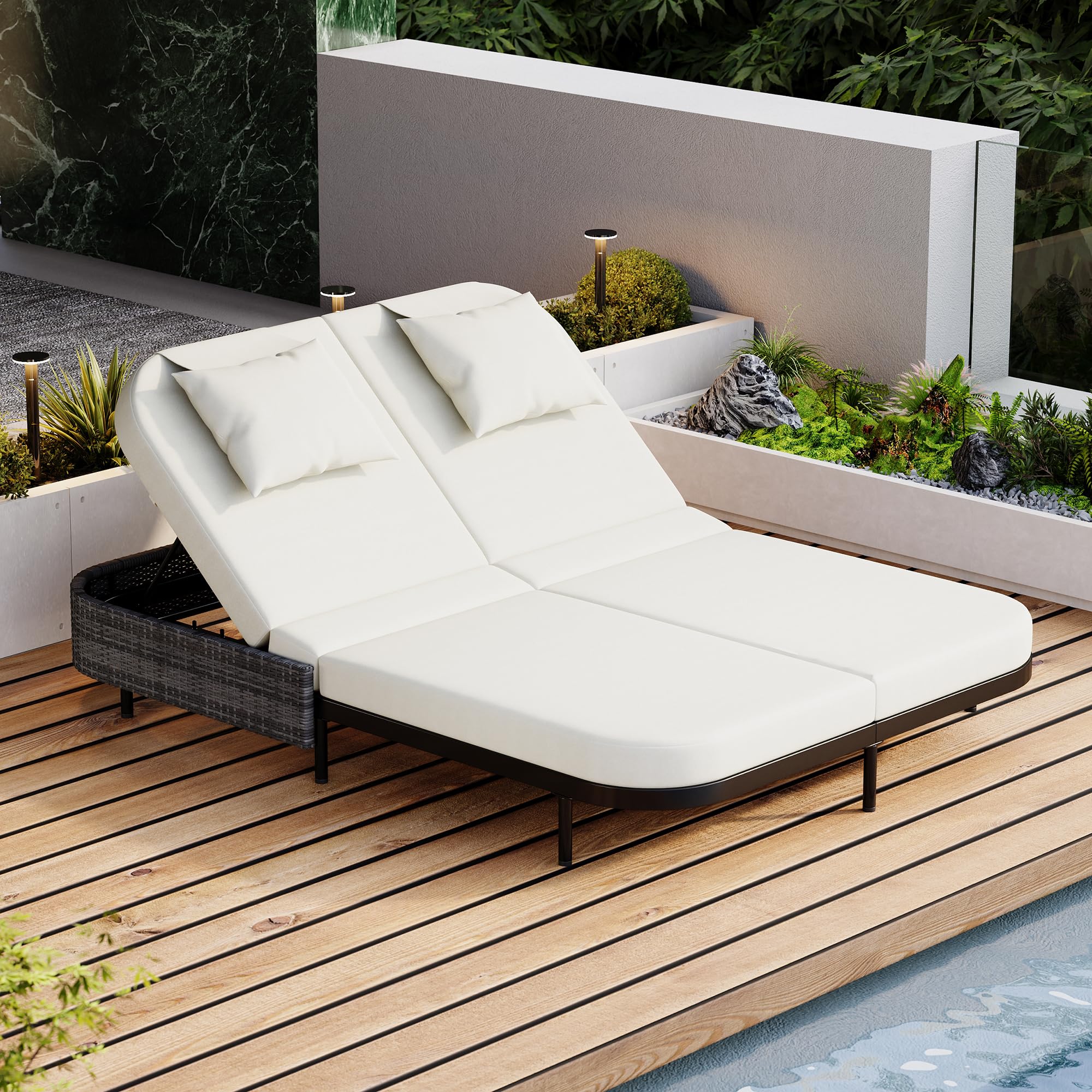 Photo 1 of **partial set missing box 2 
Merax Outdoor Daybed,Patio Rattan Daybed with Adjustable Backrest,Patio Wicker Loveseat Lounger,Outdoor Bed Loveseat Sofa Set with Pillows and Cushions for Garden, Backyard, Poolside,Black+Beige