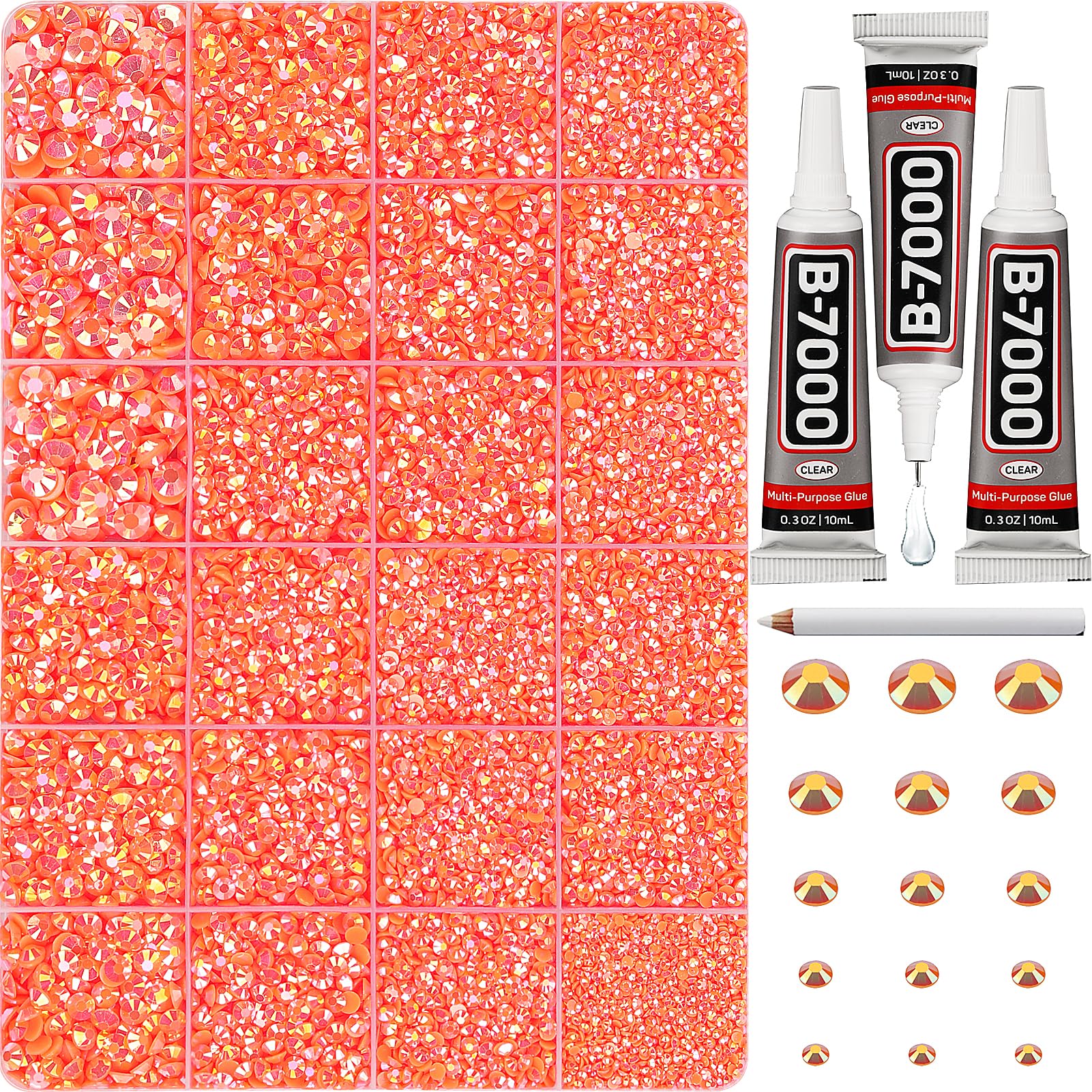 Photo 1 of 31000Pcs Neon Orange AB Rhinestones for Bedazzling, Bedazzler Kit with Flatback Rhinestones for Clothes Crafting Crafts Nails, 2,3,4,5,6mm Flat Back Resin Crystal Bedazzling Kit with B 7000 Glue Clear