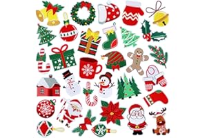 YLOLUL 32 Pieces Christmas Iron on Patches Cute Xmas Snowman Gift Box Sew on Embroidered Applique Repair Patch DIY Crafts Festive Gifts for Clothing Hat Shirt Bag Jeans DIY Decorations