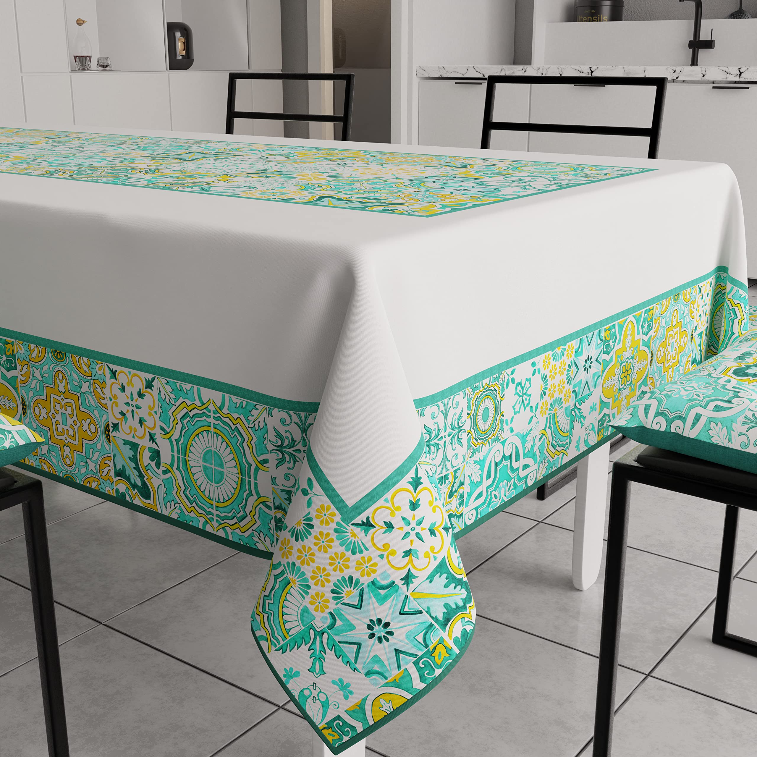 PETTI Artigiani Italiani - Anti-Stain Rectangular Tablecloth Kitchen Table Cover Geometric Design Vietri Aqua Green X18 Seater (140 x 360 cm) 100% Made in Italy