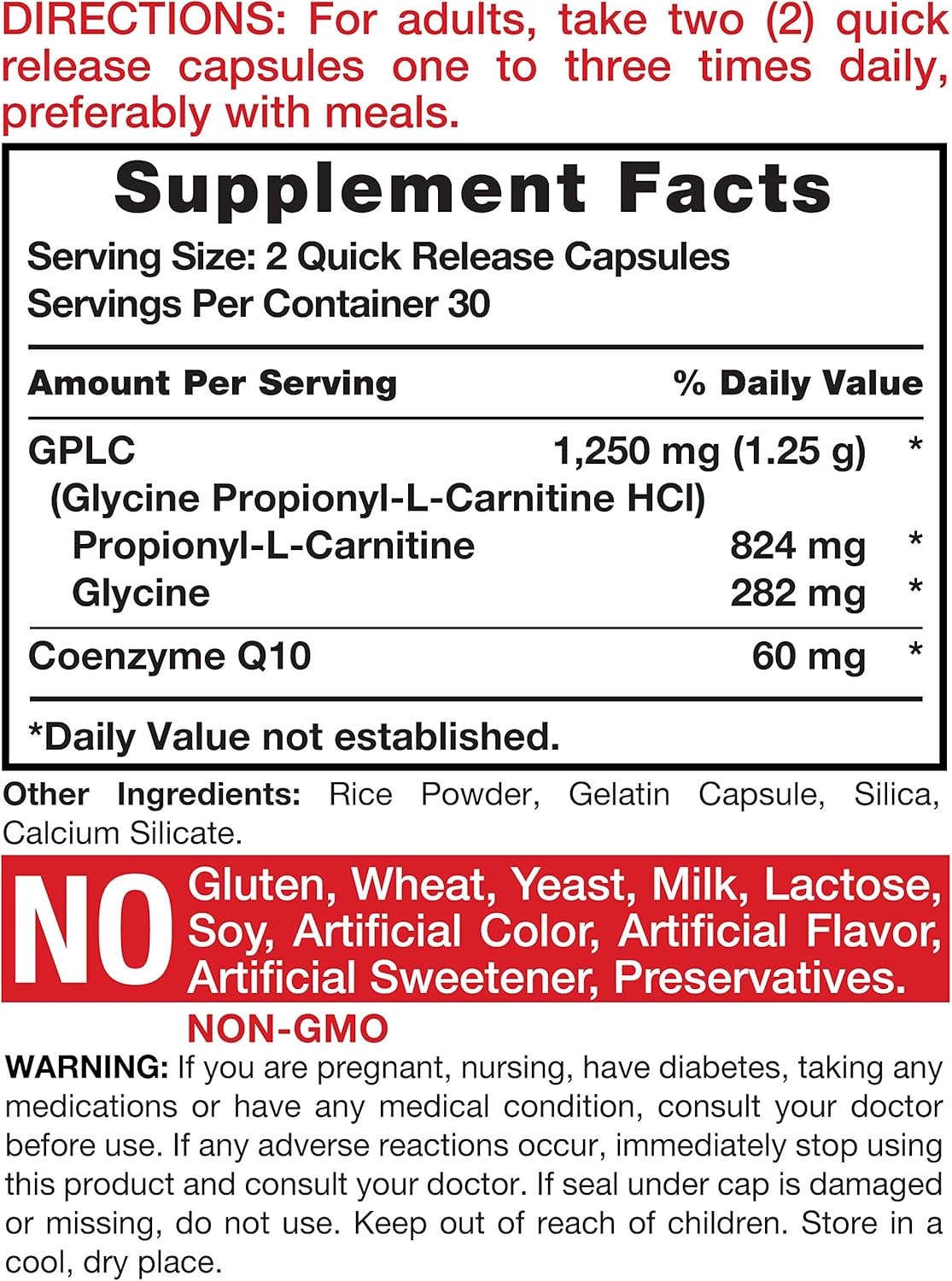 GPLC 1250 mg 60 Capsules | Non-GMO, Gluten Free | Glycine Propionyl-L-Carnitine HCL | Highest Potency Supplement | by Carlyle: Health & Personal Care
