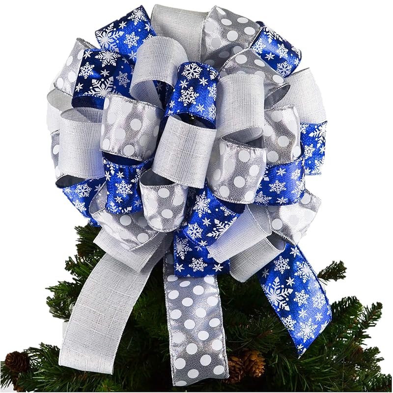 Royal Blue Silver White Christmas Tree Bow Topper Tree Bow Large Present