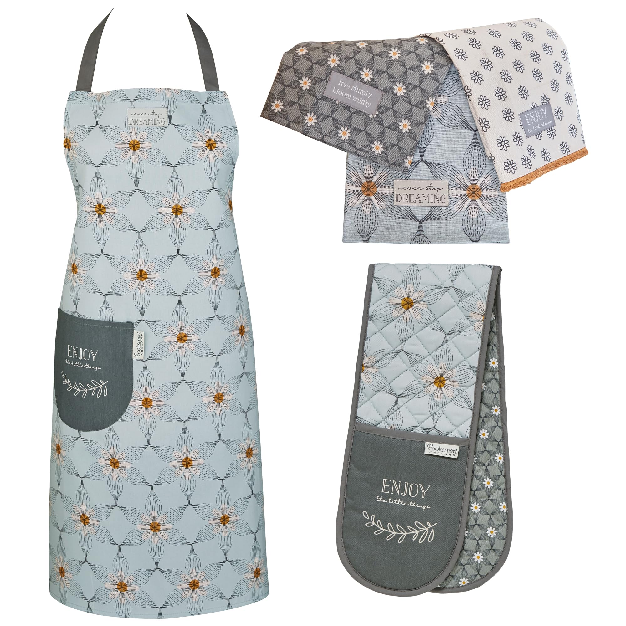 Cooksmart 5-Piece Apron & Accessories Set | Double Oven Gloves & Tea Towels Perfect For Any Kitchen, Purity