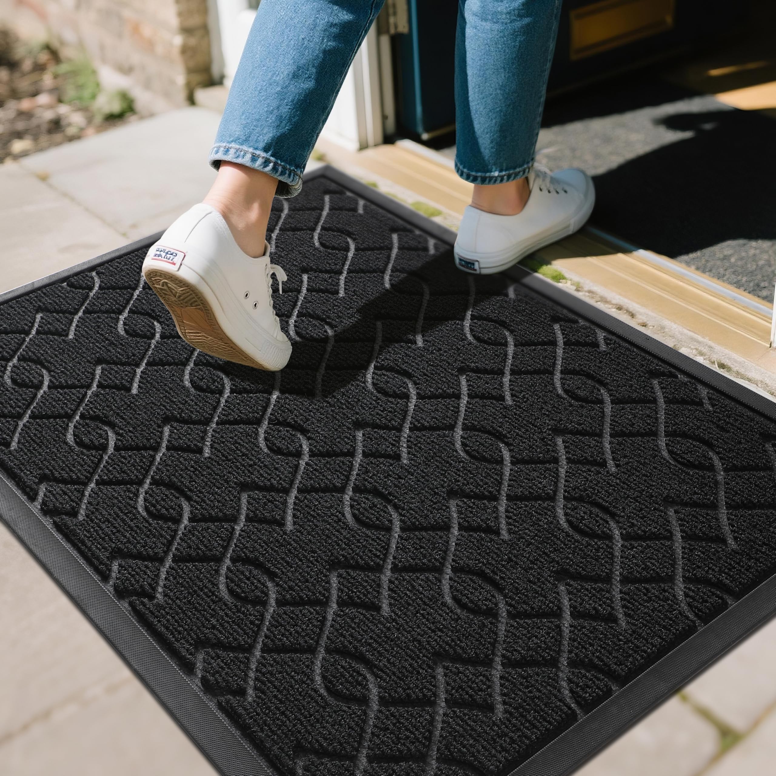 Photo 1 of Yimobra Outdoor Mats for Front Door 29.5x17, All-Season Waterproof Doormat Outdoor Entrance, Heavy Duty Non-Slip Outside Door Mat for Garage Patio Proch Entryway Indoor, Black