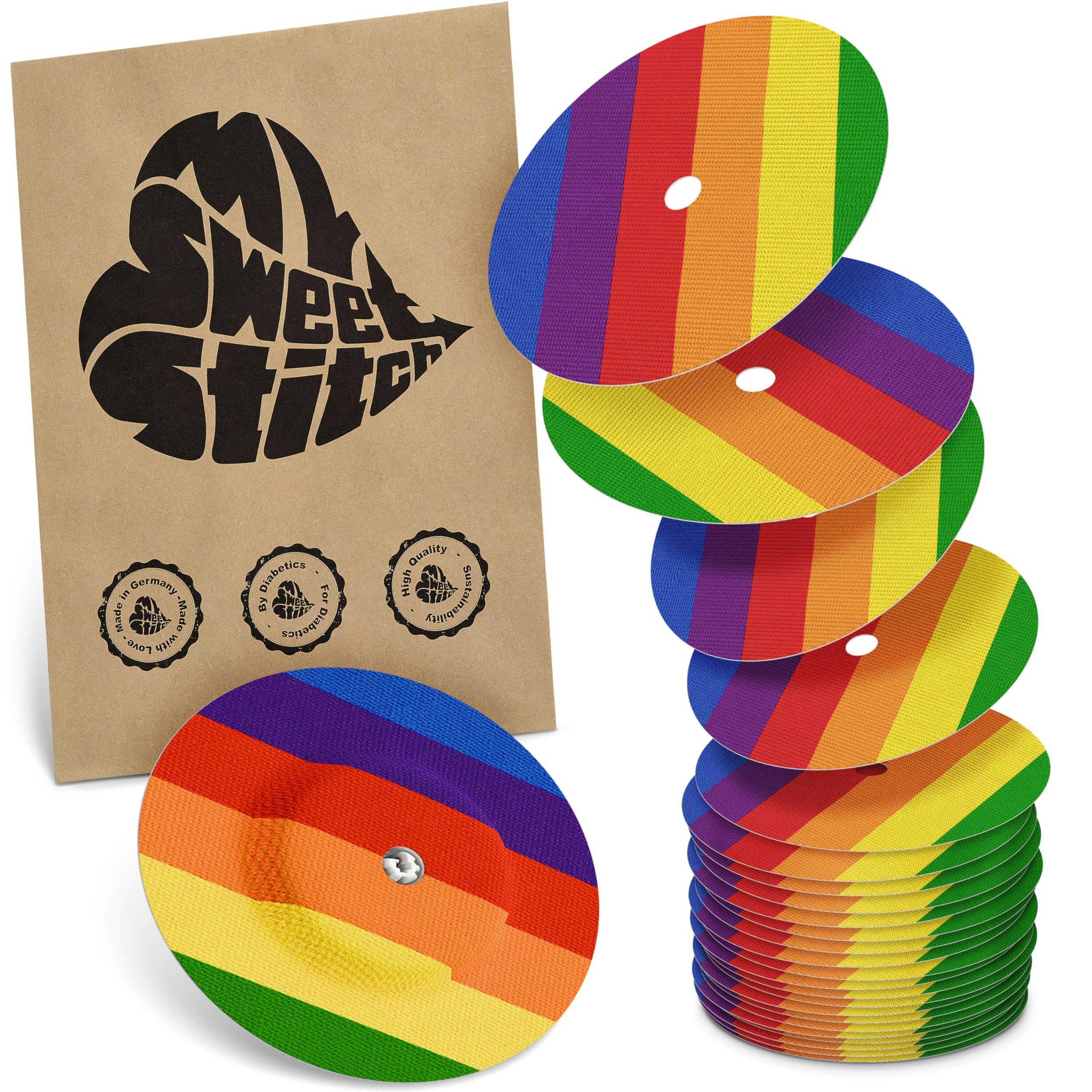 MySweetStitch - 25 x Freestyle Libre 1 & 2 Round Patches with Ventilation Hole, Overpatch Ø 65mm, Waterproof, Breathable, Made in Germany, Pride