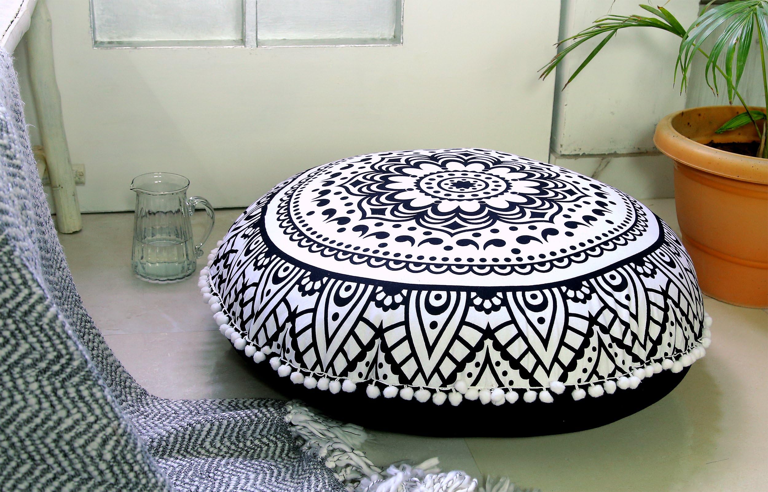 Popular Handicrafts Floor Pillow Cushion Cover - Hippie Lotus Mandala Cushion Cover Large Cotton - Pouf Cover Round Bohemian Yoga Decor, 32" Black & White