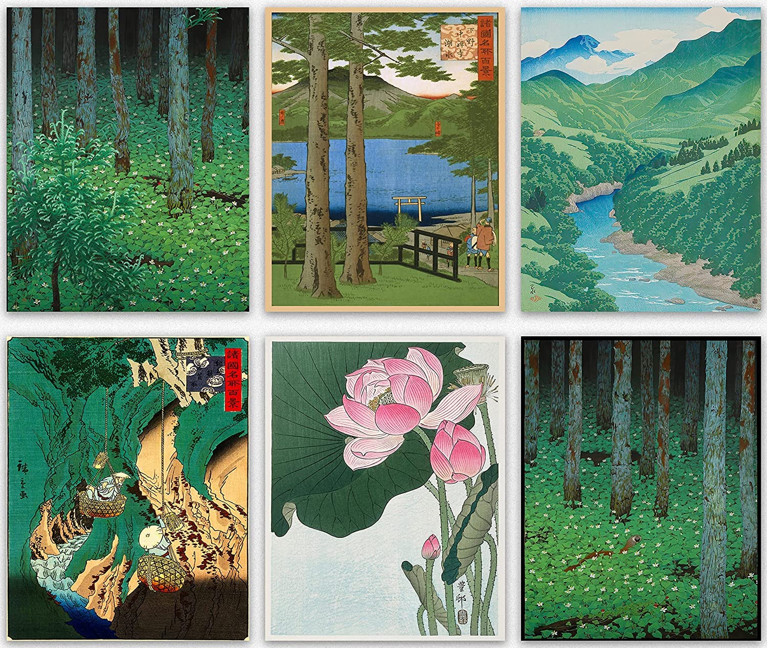 Japanese Decor Woodblock Nature Poster Green Artwork for Walls Landscape Scenes in Home and Traditional Style Set of 6 Unframed Wall Prints (8x10) — image 1
