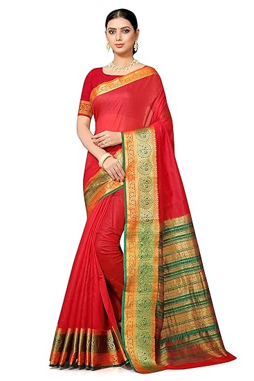 leeza store cotton with blouse piece Saree Red_one size