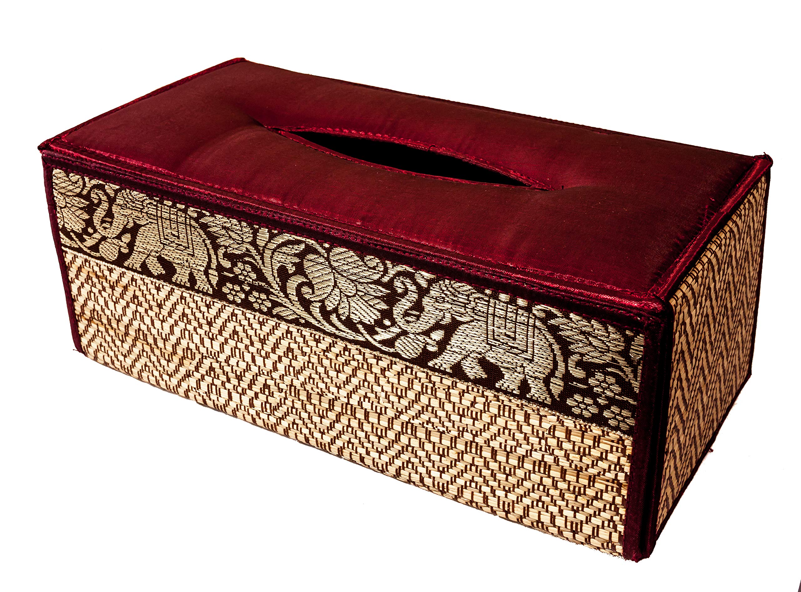 CCcollections Handmade Stylish Reed Tissue Box, 100% Cotton Handcrafted with Satin Trim Sheath Cover Holder Dispense made from Natural Eco-Friendly Materials - (Red Burgundy)