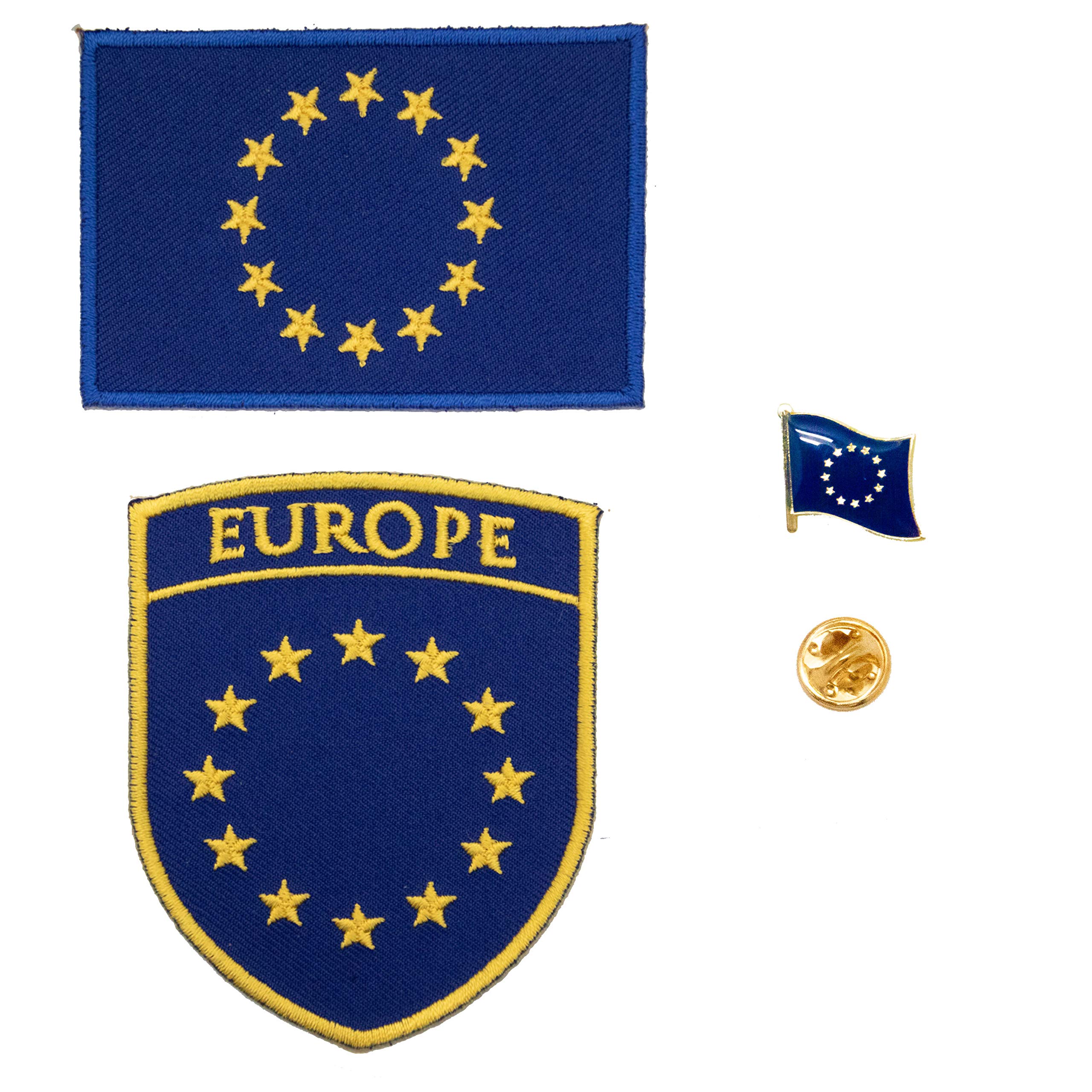 A-ONE 3 PCS Pack- European Badge Shield Patch+ European Union Embroidery Patch + EU Flag Lapel Pin, Applique Accessories World Flag Badges, EU Pinbadge